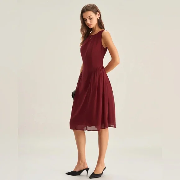 Wine Red Chiffon Sleeveless Midi Dress - Picture 4 of 6